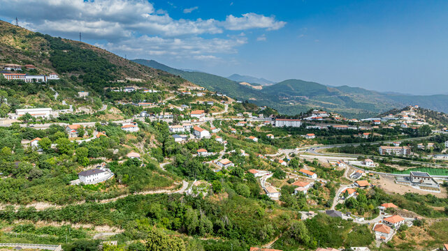 Aerial view of mountain resort in Lachin, showing lush green landscape and buildings in Qarabaqh, Azerbaijan