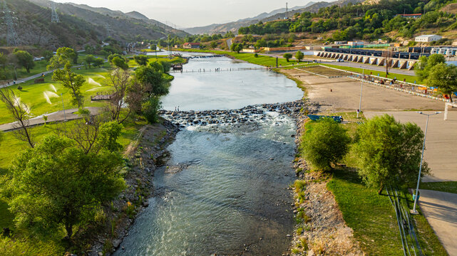 Aerial view of Hakari river flowing through mountain resort in Qarabaqh region of Azerbaijan