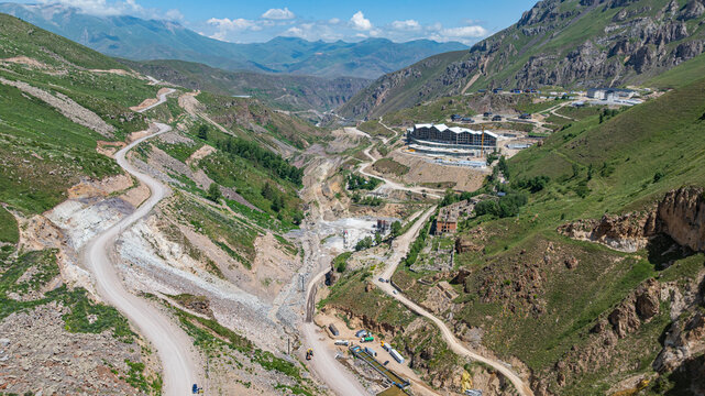 Aerial view shows Istisu hot springs and new resort in Qarabaqh region of Azerbaijan surrounded by mountains and nature