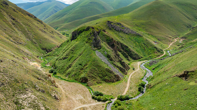Scenery and terrain around Istisu featuring hills and a winding river in Qarabaqh region of Azerbaijan