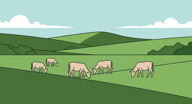 Herd of grazing sheep on a vibrant green hillside under a sunny sky