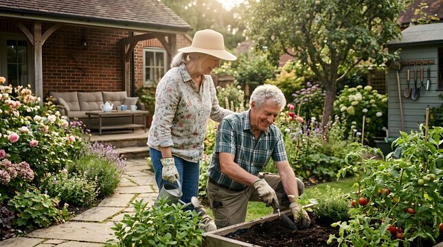 Older couple gardening together outdoors