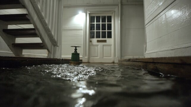 Flooded indoor hallway with water reflection and light leak from entrance door