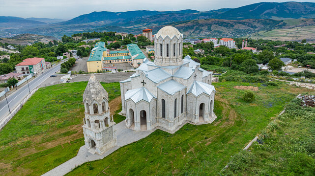 Church structure in Shuhsa surrounded by green landscape and buildings in Qarabaqh Azerbaijan