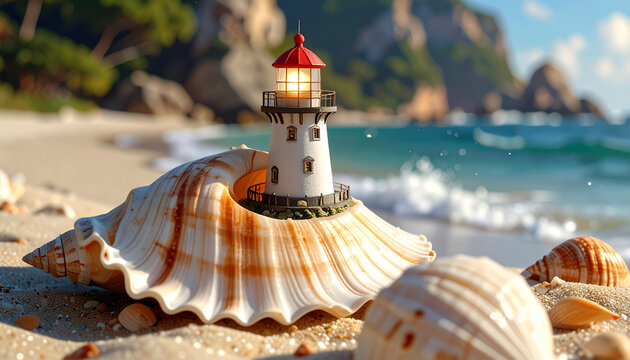 Lighthouse on seashell illuminated by warm light on sandy beach