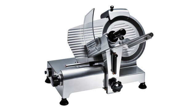 Commercial meat slicer with sharp blade and control knobs, isolated on transparent background