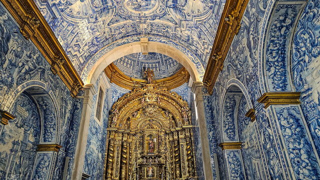 Beautiful blue tiles decorate the interior of the Church of Sao Lourenco in Portugal with intricate patterns and designs