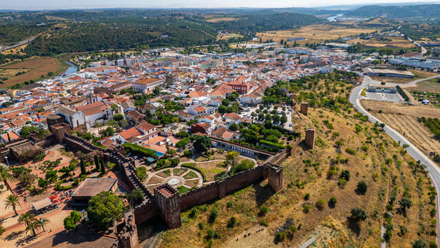Fortified city of Silves in Algarve shows historical buildings and landscape from above