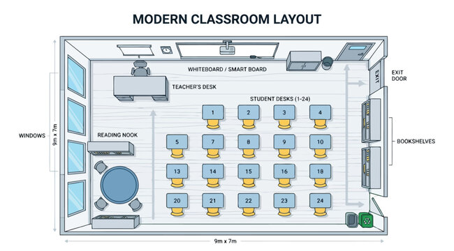 Modern classroom layout floor plan with student desks and reading nook