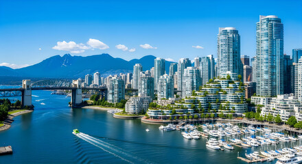 Fototapeta premium Modern city skyline with marina and waterfront buildings under clear sky
