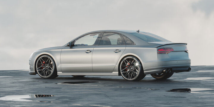 Germany &ndash; May 2026: 3D render of 2017 Audi A8 luxury sedan parked on rooftop parking area