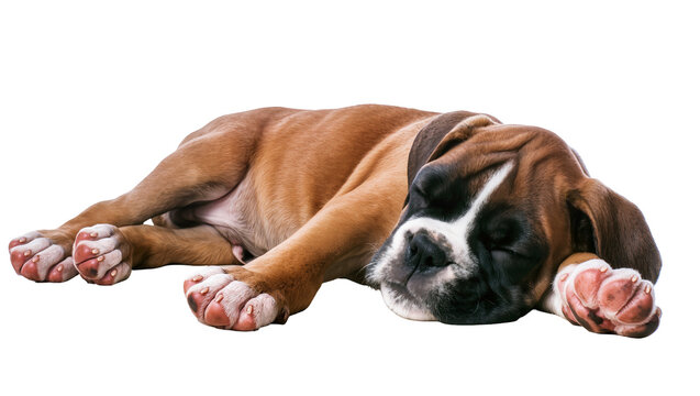 Brown boxer puppy dog sleeping peacefully, isolated on transparent background