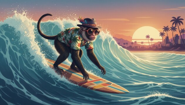 Fashionable retro monkey rides high waves in a vibrant sunset surf scene