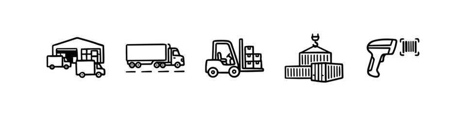 Naklejka premium A series of black line-art icons representing the logistics and shipping industry, including a warehouse, semi-truck, forklift, cargo containers, and barcode scanner on a white background.