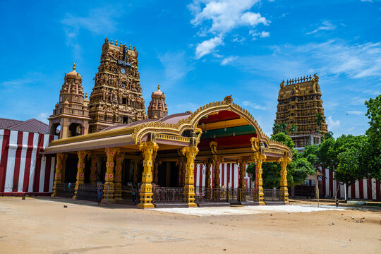 Nallur Kandaswamy Devasthanam temple is an important site in Jaffna, Sri Lanka with tall structures and bright colors