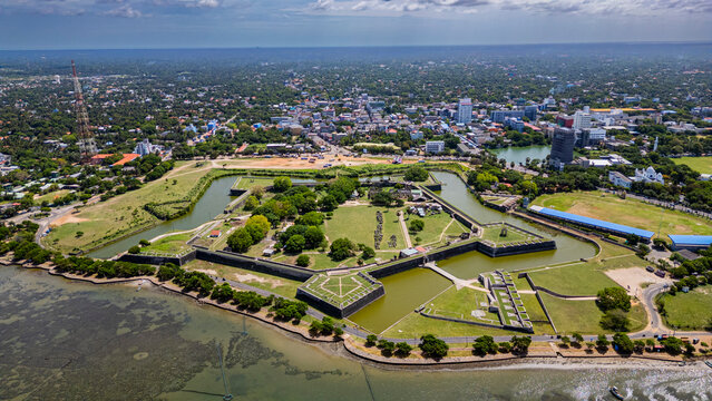 Exploring Jaffna Dutch Fort from above with its historic layout and surrounding greenery in Sri Lanka
