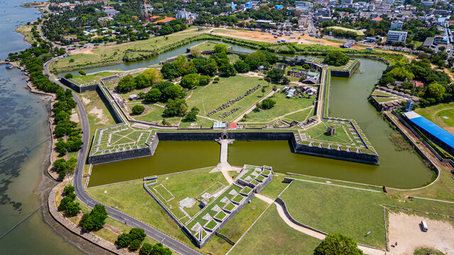 View of Jaffna Dutch Fort showing its large walls and green space in Jaffna, capital of the Tamil region, Sri Lanka