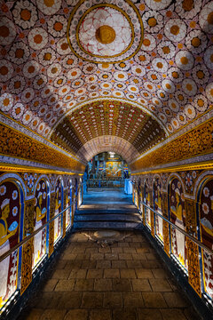 Visit to the interior of the Temple of the Tooth in Kandy Sri Lanka with rich decorations and historical importance
