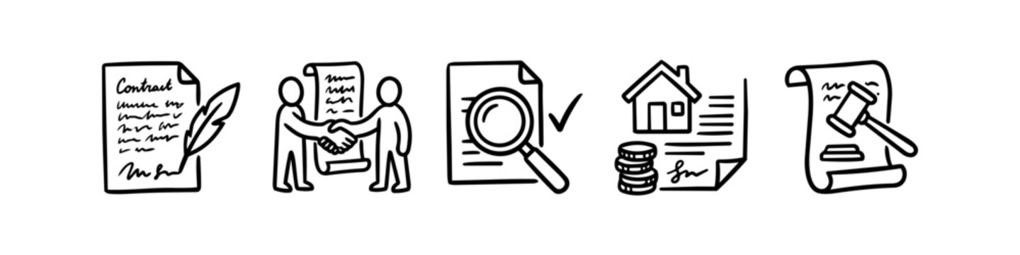 Set of legal and real estate line icons featuring contract signing, handshake deal, document review, home mortgage agreement, and court gavel in a hand-drawn doodle style.