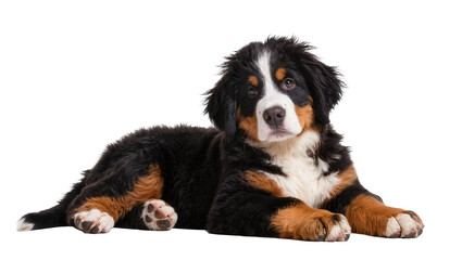 Bernese mountain dog puppy lying down, isolated on transparent background © Finn