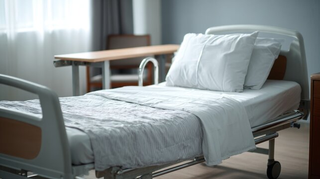 Modern hospital bed with white linens and adjustable side rails in a clinical setting