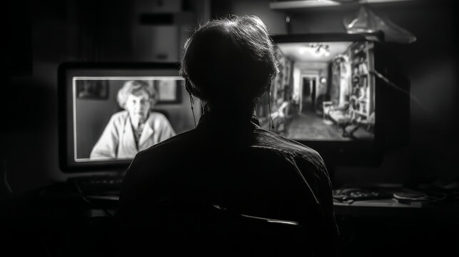 A person sits in a dark room, illuminated by the glow of two computer monitors displaying a video call and a vintage interior scene. The atmosphere is moody and introspective