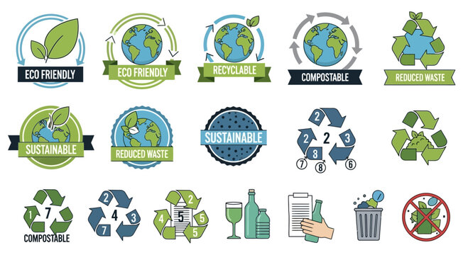 Eco-friendly and sustainable living symbols, recycling, compostable, and reduced waste icons for environmental awareness