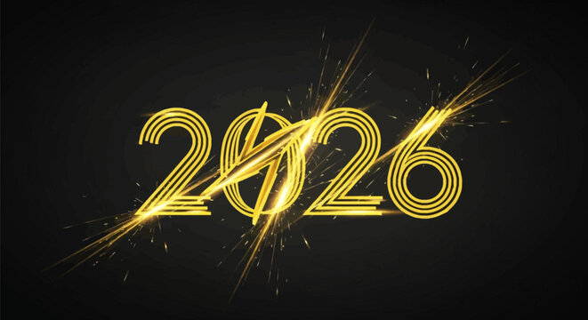 Glowing yellow neon year 2026 numbers with stylized multi-line font and electric lightning spark effects on a dark gradient background for New Year celebration concept.