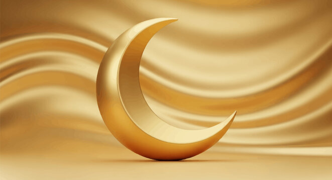 3D render of a polished golden crescent moon icon standing on a flat surface against a background of flowing, wavy golden silk fabric, designed for Ramadan and Eid holiday themes.