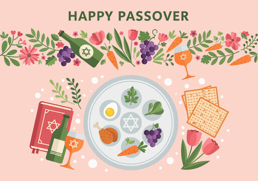Landscape banner happy passover day with foods, vector illustration design