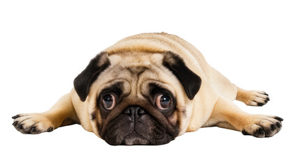 Obraz premium Sad pug dog lying down looking at camera, isolated on transparent background
