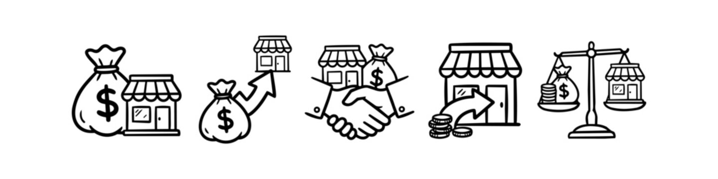 Set of black and white line icons representing business investment, franchising, and retail finance, featuring money bags, storefronts, handshakes, and a balance scale on a white background.