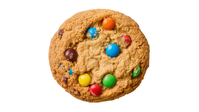 Crispy chocolate chip cookie with colorful candy pieces, isolated on transparent background