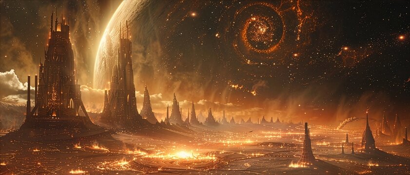 Panoramic background of a futuristic city surrounded by a giant planet and golden nebula for space civilization themes