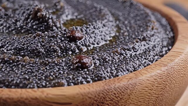 Close up of black caviar in a wooden bowl with olive oil glistening on top.