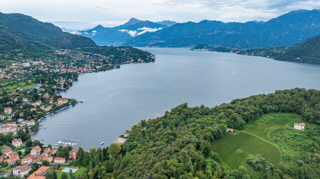 Aerial view of Lenno showing Lake Como landscape and surrounding hills in Italy during the day