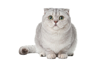 Fluffy silver Scottish Fold cat with green eyes, isolated on transparent background © Finn