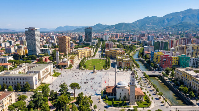 Panoramic aerial view of Skanderbeg Square in Tirana, Albania, showcasing modern buildings and historical landmarks.