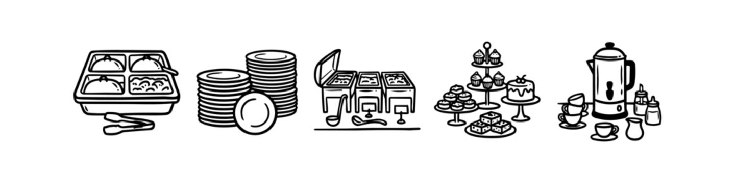 Hand-drawn buffet catering icons set featuring warming trays, plates, chafing dishes, dessert displays, and coffee service. Black and white vector doodle for food service and event planning.