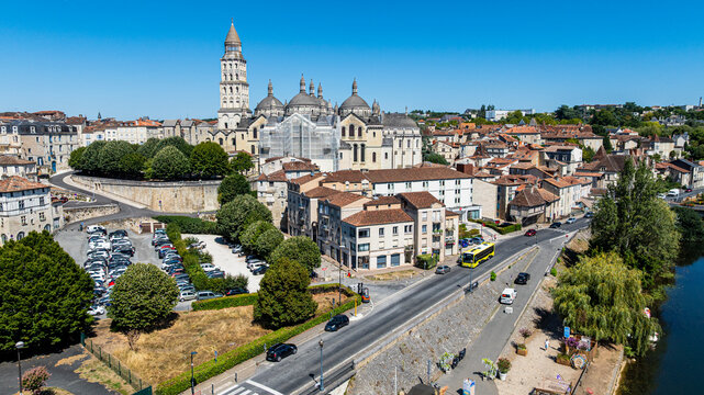 Aerial view of Saint Front cathedral in Perigueux, showcasing the architecture and city layout in France