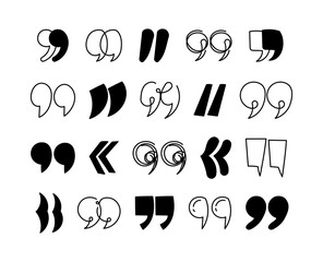 Naklejka premium Quote mark icon set featuring quotation punctuation comma apostrophe citation dialogue speech typography symbol glyph pair curved