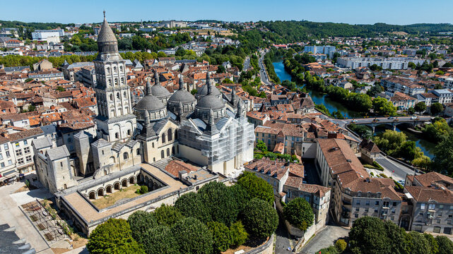 Aerial view shows Saint Front cathedral in Perigueux, historical site on Route of Santiago de Compostela, France