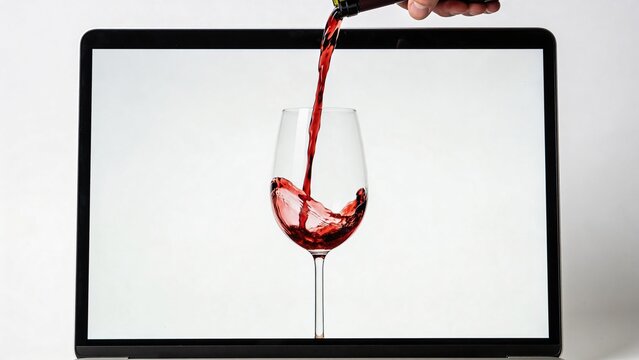 A hand pours red wine into a glass displayed on a laptop screen. The background is plain white, emphasizing the wine and glass.