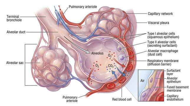 Anatomical drawing of alveolar sac and surrounding capillary network with terminal bronchiole and alveolar duct, labeling type I and II pneumocytes, macrophages and respiratory membrane layers to demo