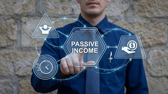 Concept of passive income. Business person using virtual touch screen presses the text PASSIVE INCOME. Earn money while relaxing. new