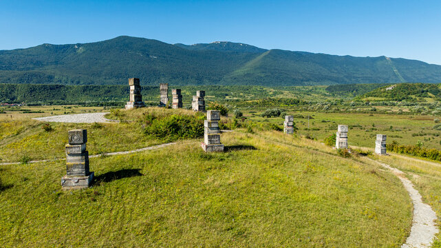 Aerial view of memorial park honoring victims of the Bosnian war in Bosnia and Herzegovina