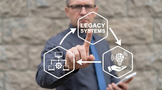 Concept of legacy system. Business person using virtual touch screen presses the text LEGACY SYSTEM. new