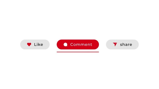 Animated social media buttons for like comment share and subscribe on white background