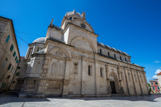 Unique architecture showcases the Cathedral of St. James with clear blue sky in Sibenik Croatia