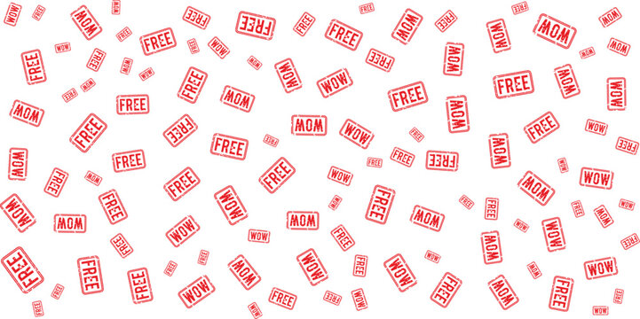 Red rubber stamp pattern with free and wow text on transparent background